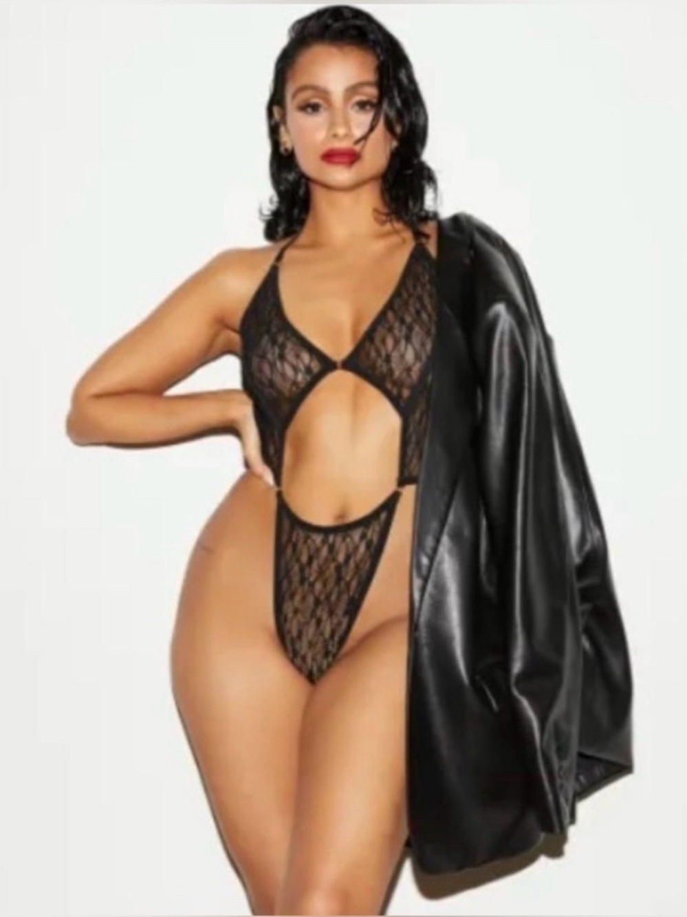 Elle Reve Nazanin Black Lace Cutout Teddy Bodysuit NWT Medium